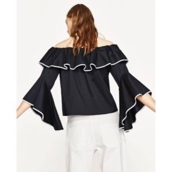 ZARA Off the Shoulder Ruffle Black w/ White Piping Long Bell Sleeve Top - Picture 2 of 9